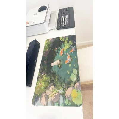 Koi Pond Cat Large Desk Mat, Serene Nature Extended Mouse Pad