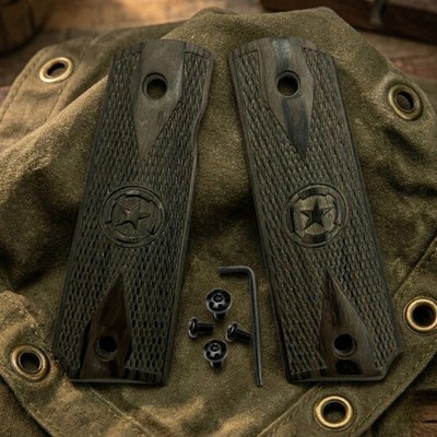 1911 Full Size Wood Grips Double Diamond Checkered Star Logo Ambi Cut