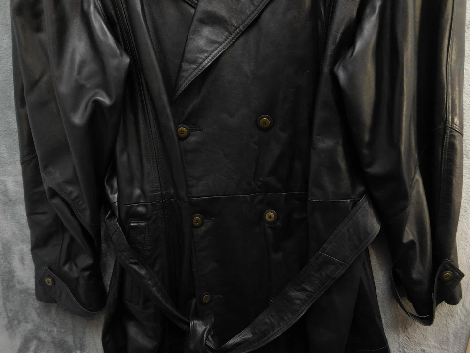 Jeno de Paris Coat Mens 50 Black Leather Trench Double Breasted Belted Long - Image 3 of 4