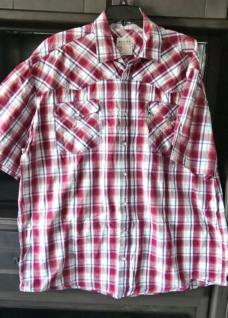 Roper Western Shirt Red Plaid Short Sleeve Mens 2XL Pearl Snap