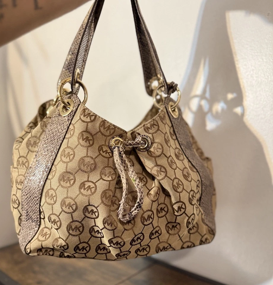 Michael Kors Signature Python Trim Drawstring Shoulder Handbag Purse - Image 2 of 4