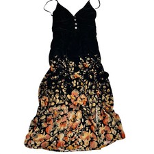 Urban Outfitters Velvet Floral Midi Dress Black Orange XS OB1254268 Slit Smocked