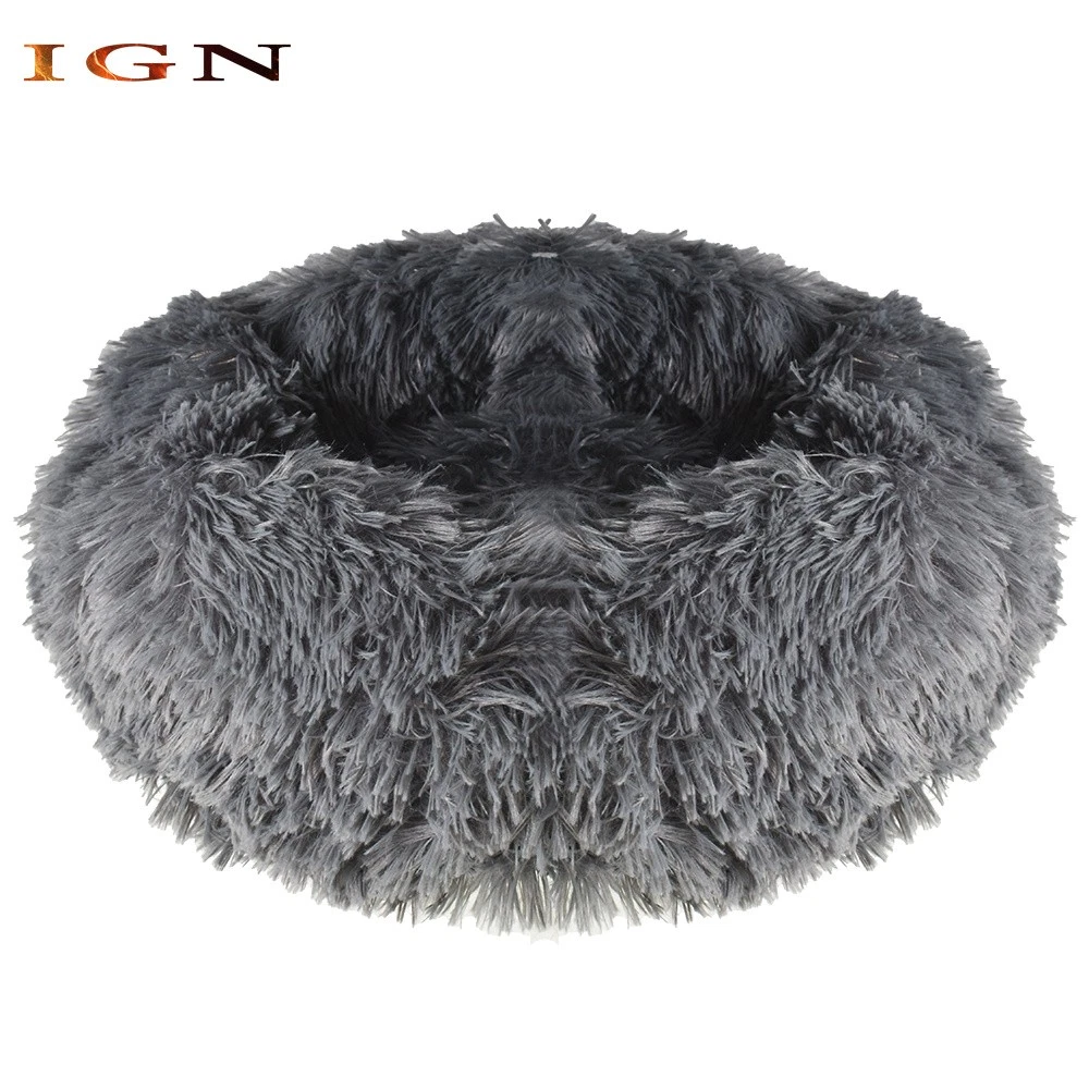 Round Plush Pet Nest Pet Bed Cave Dog Cat Bed Fluffy Soft Warm Calming Bed
