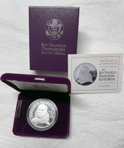 1992 P Ben Franklin Firefighters .999 Silver Medal Proof w/ Box & COA