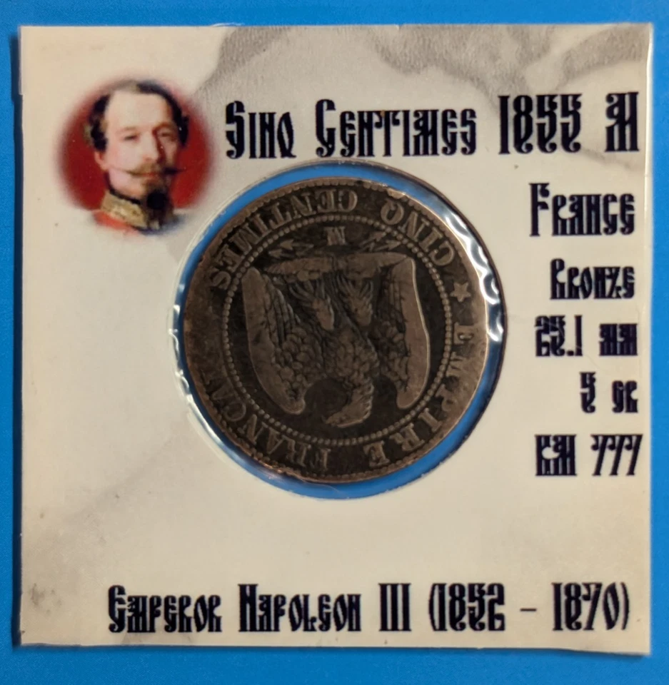 1855 M - Imperio Francés - Emperador Napoleón III - 5 céntimos #430 Foto 2 de 2