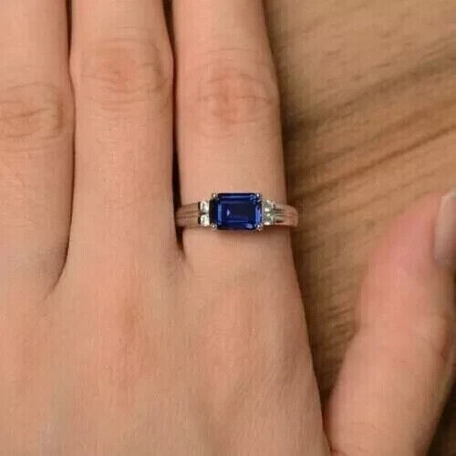 Anillo de boda para mujer de zafiro azul creado con corte esmeralda de 2,0 quilates enchapado en oro blanco 14 K - Imagen 7 de 9