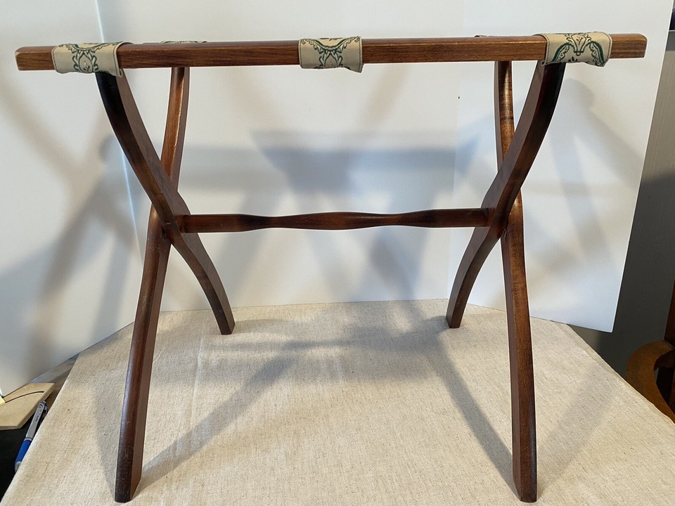 Vintage Wood Luggage Suitcase Folding Rack Stand Tapestry Fabric Strips
