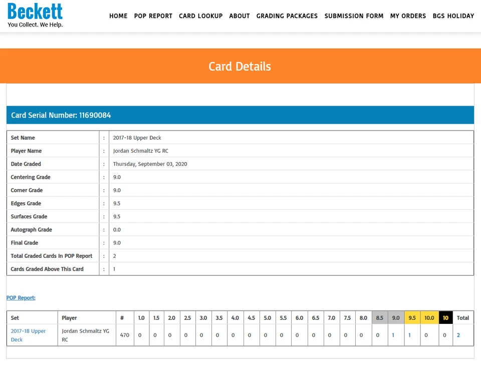 Jordan Schmaltz RC BGS 9+: 2017-18 Upper Deck YG Rookie Card - Image 3 of 3