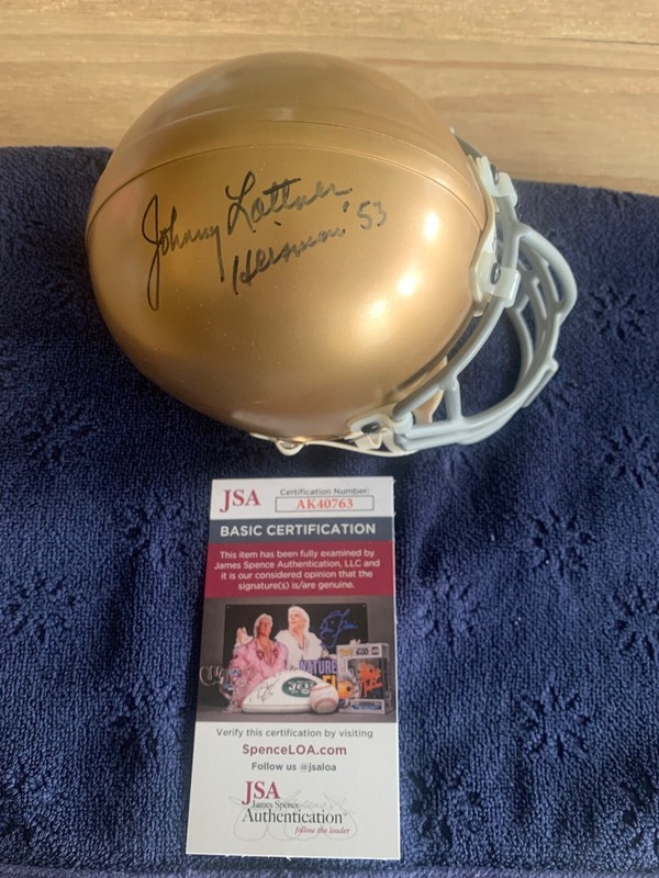 Johnny Lattner 53 Heisman Autographed Norte Dame Mini Helmet JSA COA & Case