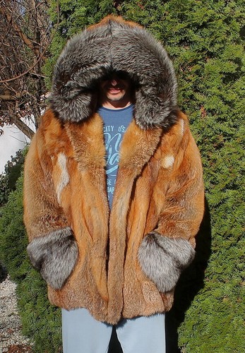Men's 100% Ranch American Fox Fur Jacket With Hood Coat Outwear 2XL/3XL - Picture 4 of 16