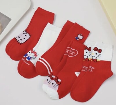 5 pairs New HELLO KITTY  Embroidered No Show Socks,size 4-8 Kids Up To Women