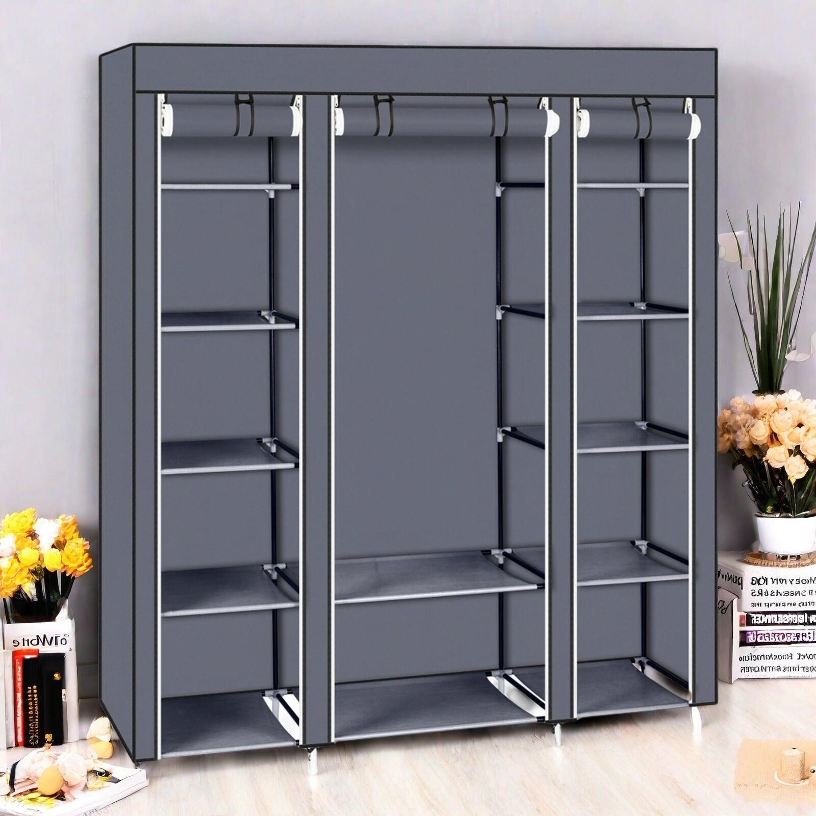 5-Tier Portable Wardrobe Closet - Gray, Non-woven Fabric,12-Cube & Roll-Up Door