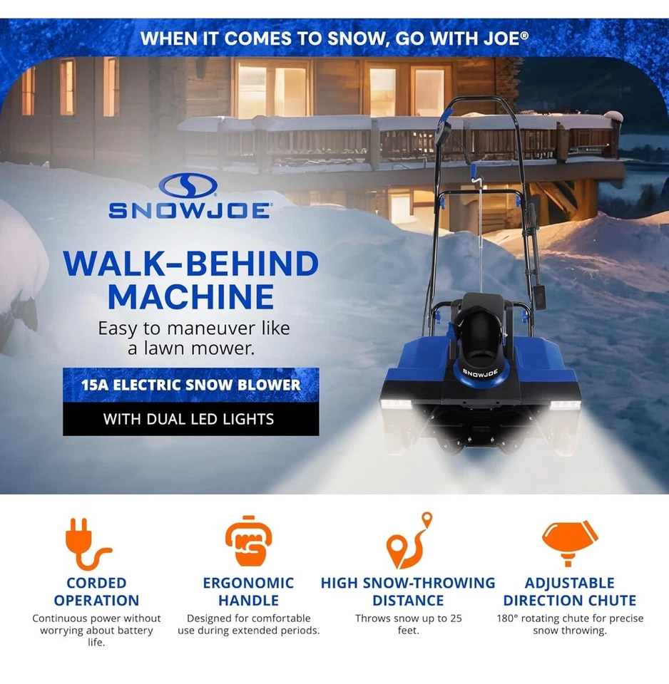 🔥Joe SJ627E soprador de neve elétrico com luzes LED duplas 22" 15 amp🔥 - Imagem 2 de 4