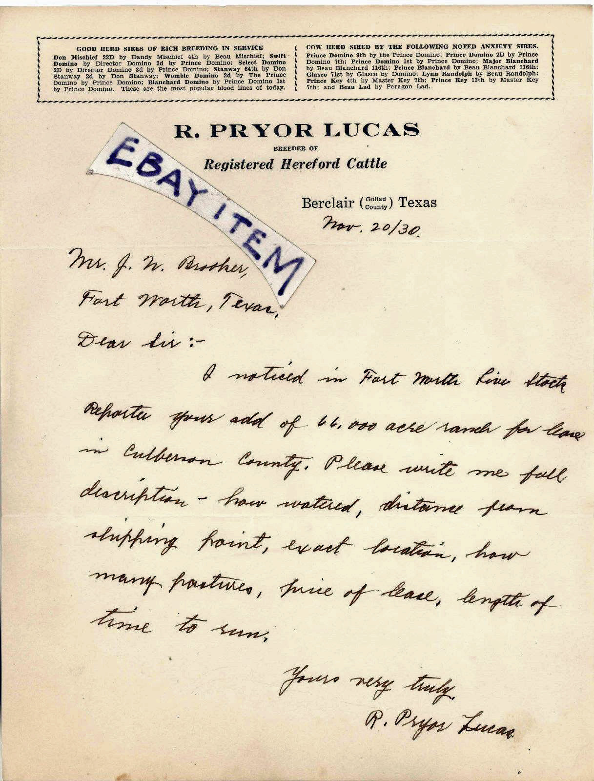 1930 BERCLAIR TEXAS GOLIAD COUNTY R Pryor Lucas BREEDER HEREFORD CATTLE