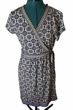 Max Studio Blue Yellow Moroccan Medallion Faux Wrap Style Vneck Dress Large