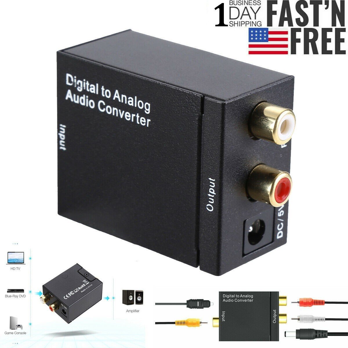 Optical Coaxial Toslink Digital to Analog Audio Converter Adapter RCA L/R 