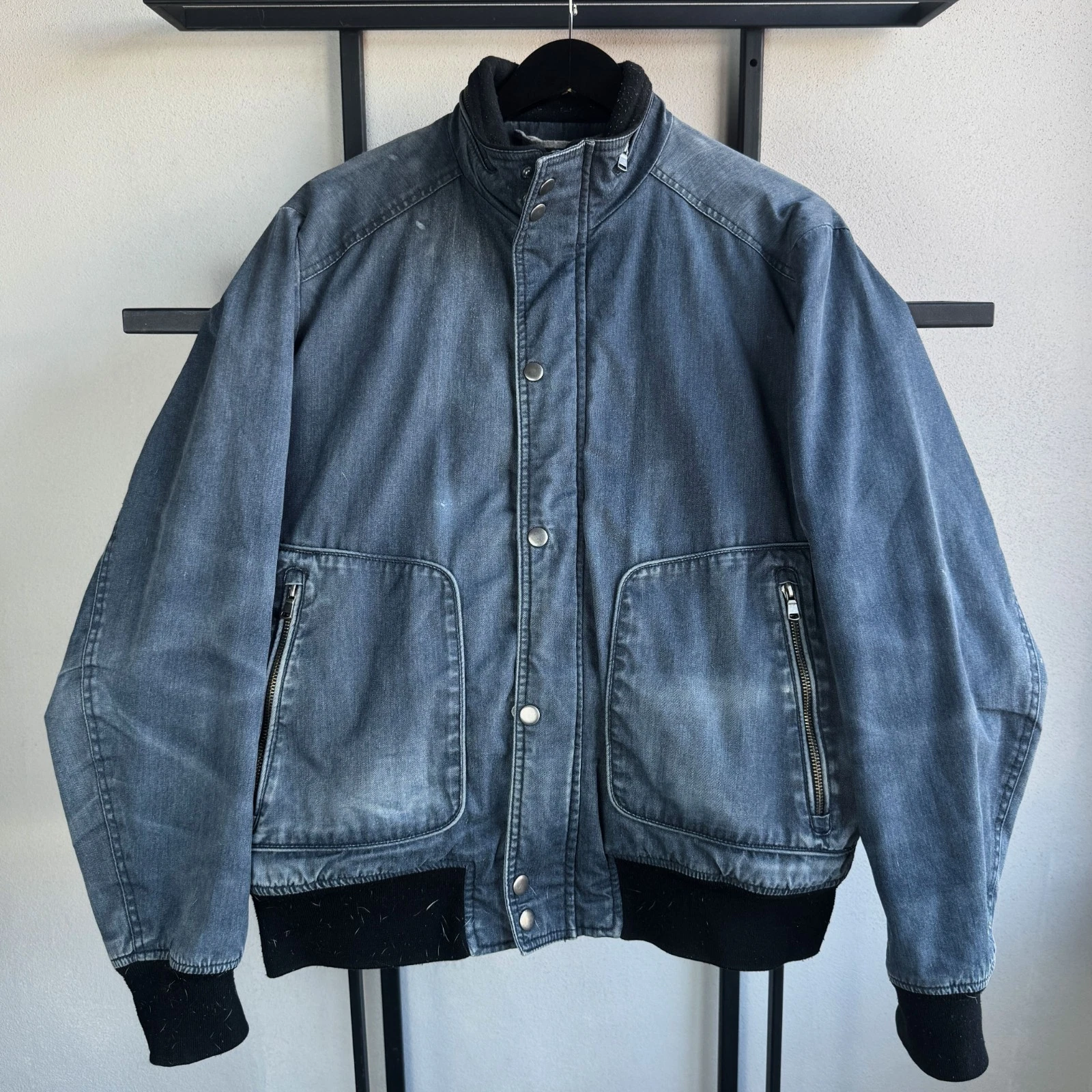 Denim Bomber Jacket Washed Blue Faded Workwear Zip Snap Front Y2K Vintage