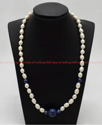 Natürliche 7-8mm Reisförmige Weiße Perle Blaue Lapis Lazuli Halskette 16-28in - Bild 1 von 4