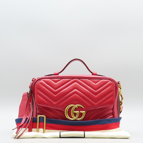 Gucci 498100 Red Leather Marmont Gold Matelassé Sylvie Web Strap Tote Crossbody Bag