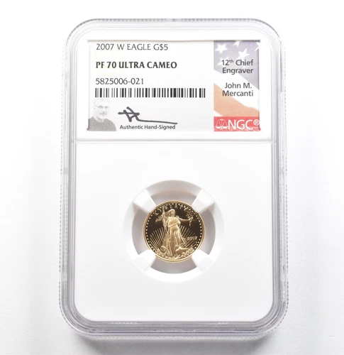 2007-W $5 American Gold Eagle Mercanti 1/10 Oz PF70 UCAM NGC *0106
