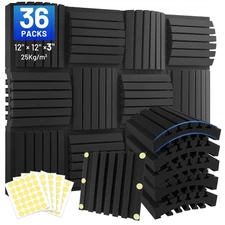 Focusound 36 Pack Curved Acoustic Foam Panels 3" x 12" x 12" Sound Proof Foam...