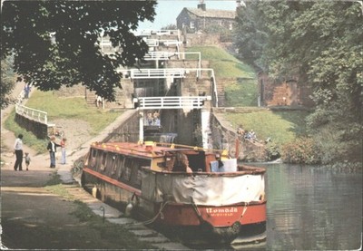 Bingley fünf Anstiegsschleusen Leeds Liverpool Kanal Postkarte Nomada Mirfield Boot