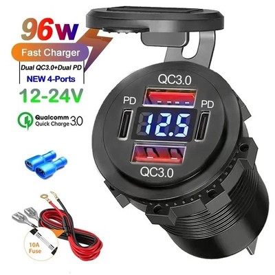 12V QC 3.0 PD USB Auto KFZ Steckdose Dual USB C Ladegerät Buchse Dose KFZ Einbau