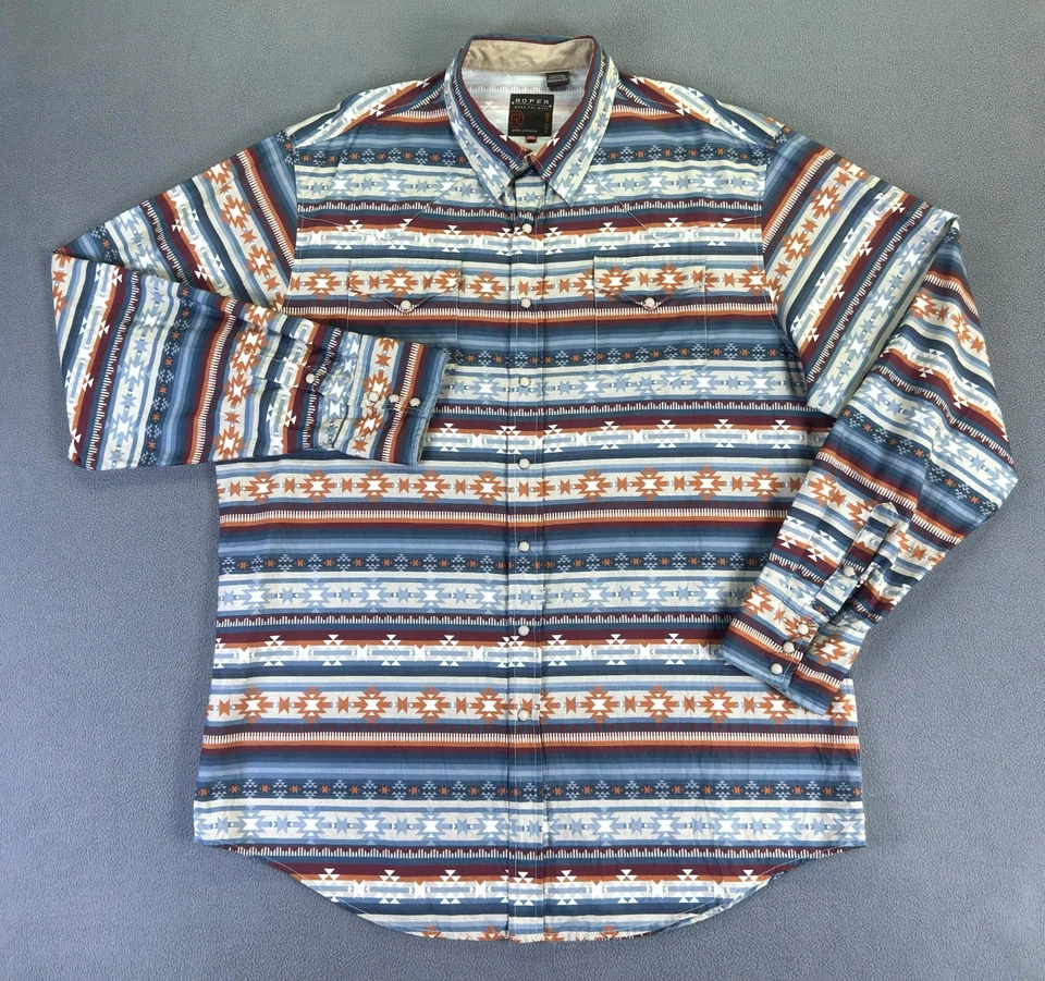 Camisa a Presión Roper Pearl Para Hombres 2XL Azul Blanco Azteca Navajo Western Cowboy Yugo Foto 2 de 4