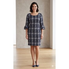 DKNY Sheath Dress Womens 12 Blue Plaid Tweed Ruffle Sleeve Knit Stretch