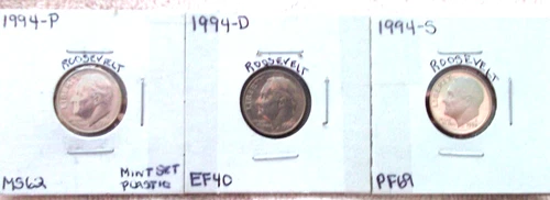 1994 P MINT STATE / 1994 D EXTRA FINE / 1994 S HIGH END PROOF ROOSEVELT DIMES