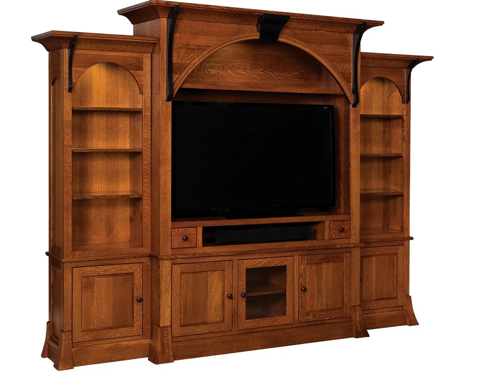 Centro de entretenimiento de TV Amish Breckenridge unidad de pared de madera maciza gabinete de almacenamiento Foto 2 de 4