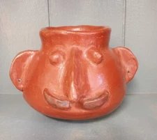 Handcrafted Pottery Planter Face Jug Red Clay Folk Art Head Cachepot Big Nose