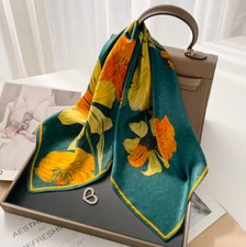 100% Silk Mulberry 26" square Scarf Women neckerchief Wrap floral changf9