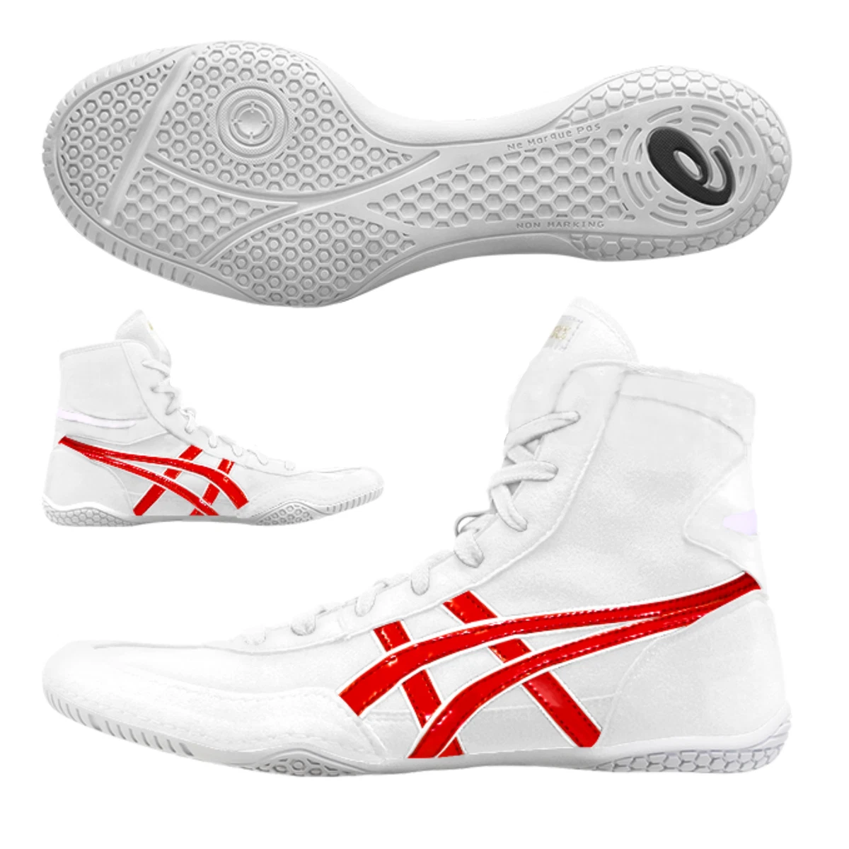 Asics red and 2025 white wrestling shoes