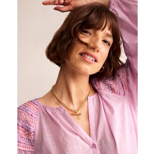 BODEN $160 Cotton Embroidered Smocked Blouse Sweet Lilac Blouson Sleeves Size 6 - Picture 3 of 10