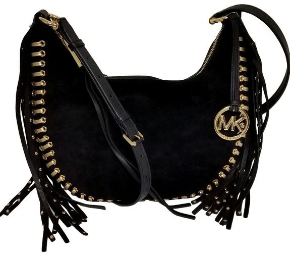 Odia Oportuno respuesta MICHAEL KORS RHEA GROMMET BLACK SUEDE,GOLD STUDS,FRINGES,SLOUCHY SHOULDER  BAG | eBay