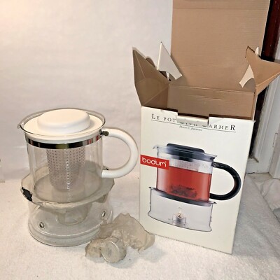 Vintage Bodum Le Pot w/ Warming Stand C. Jorgensen white tea pot unused NIB NOS