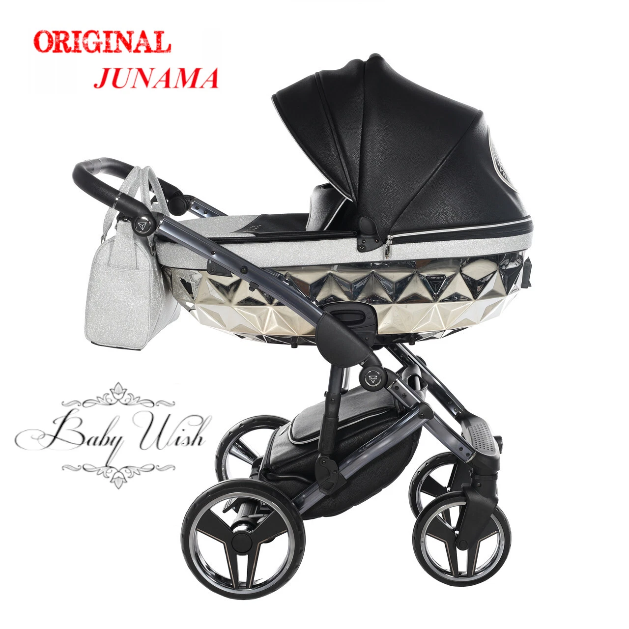 JUNAMA HANDCRAFT GLITTER V2 PRAM BABY 3in1 CARRYCOT + PUSHCHAIR + CAR SEAT