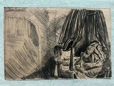 REMBRANDT drawing and painting on old paper signed stamped vintage