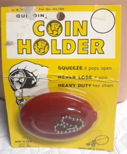 Squeeze Coin Holder Vintage 1967 Red USA Quikoin Quikey Chain package damage NOC