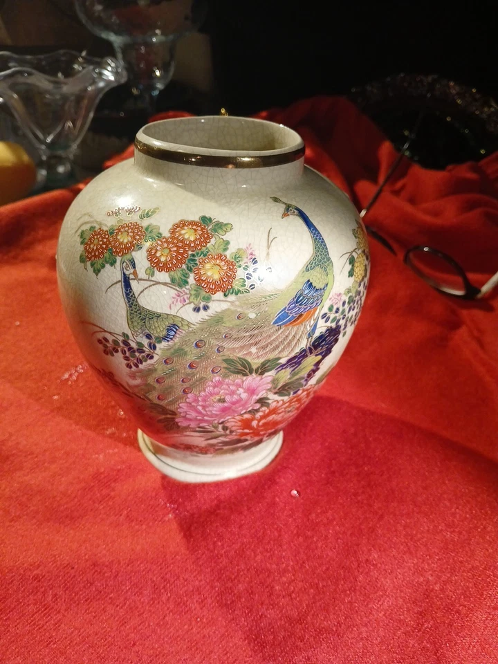 "Florero japonés de porcelana de 5"" Sato Gordon pavo real jengibre tarro vintage dorado cerámica" Foto 3 de 4