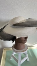 Vintage Cream  Black Swirl Church Hat Wide Brim Kentucky Derby Pearl Fascinator