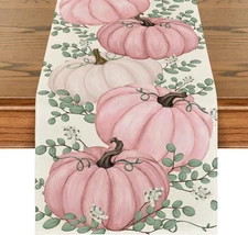 Pink Pumpkins Eucalyptus Fall Table Runner, Seasonal Autumn Thanksgiving Kitchen