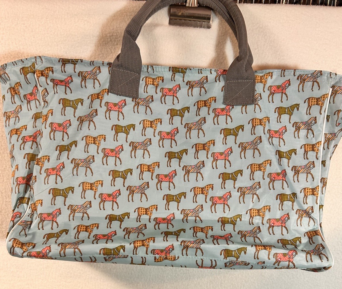 Borsa tote in nylon con cerniera multi cavalli equitazione blu arancione coperta pony