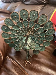 Vintage Copper Peruvian Peacock Figurine Filigree Fan Details