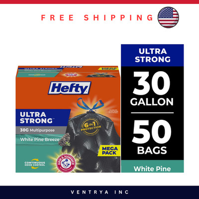 Hefty 30 Gallon Ultra Strong Trash Bags 50 Count Black Pine Breeze Scent Large
