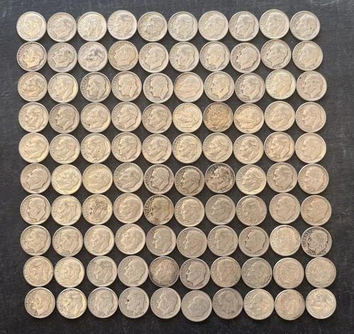 Estate Lot 100 90% Silver Roosevelt Dimes 1964 & Earlier 10 Cent USA Circulated