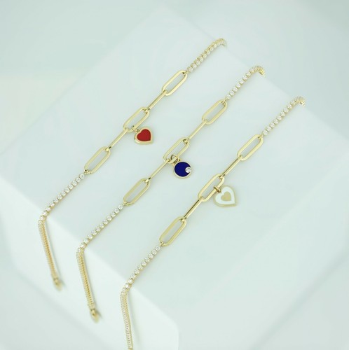 Paperclip CZ Blue Round Charm Ankle Anklet Real 14K Yellow Gold Up to 10" - Picture 3 of 4