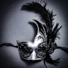 Ostrich Side feather Venetian Masquerade Costume Eye Mask Glitter Swan Silver