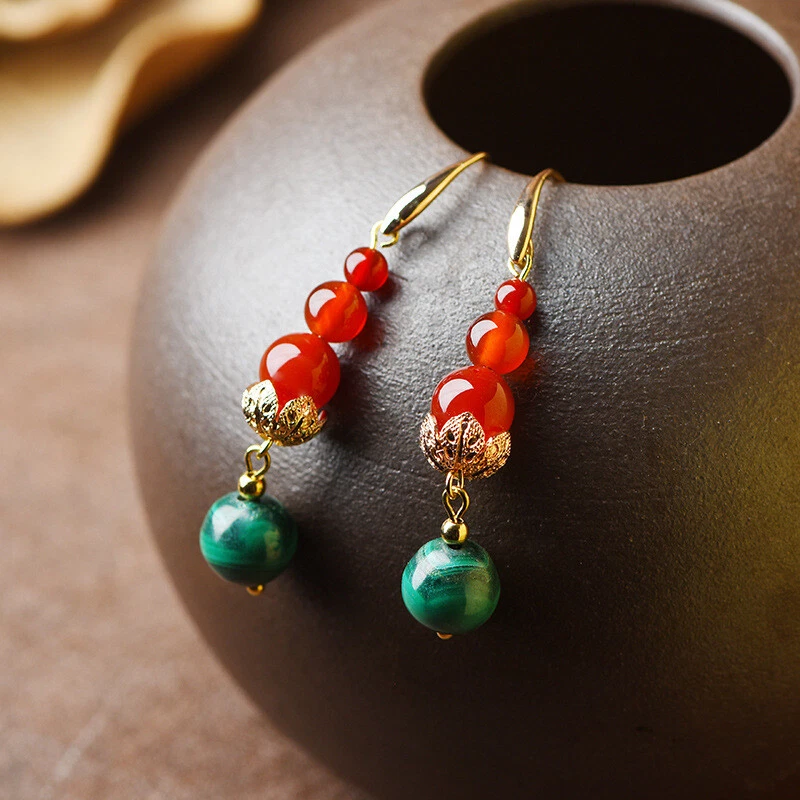 China Agate/Malachite Gild Tibetan Style Fashion Exquisite Earbob Earrings - Image 2 of 4